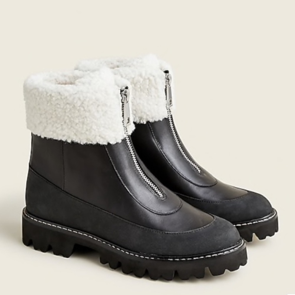 New J Crew Gwen Lug-Sole Front Zip Faux Fur Trim Black Winter Boots, Size 10